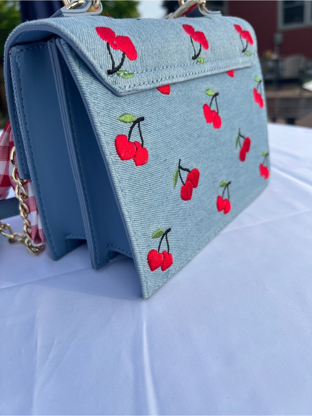 Betsey Johnson Cherry Embroidered Denim Crossbody Satchel NWT - Picture 3 of 11
